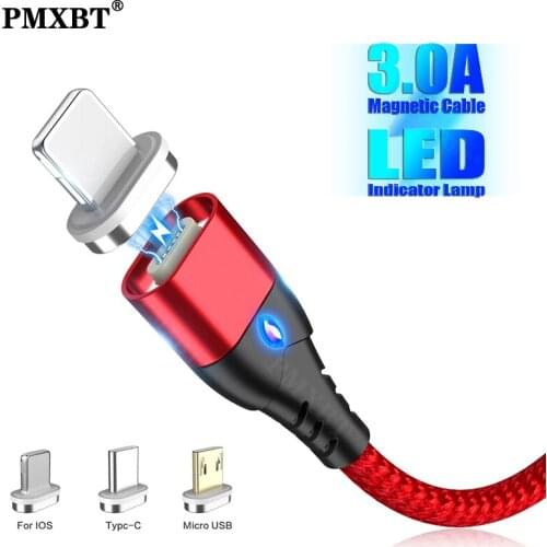 LED Magnetic Cable 3A Fast Charging Type C Cable Magnet Data Charge Micro USB Cord For iPhone Samsung Mobile Phone Quick Charge