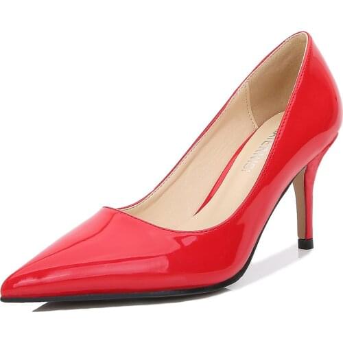Mclubgirl Pointed Toe Shallow Mouth Thin High Heels Solid Color Work Shoes Patent Leather Professional Womens Shoes WZ-3336-8