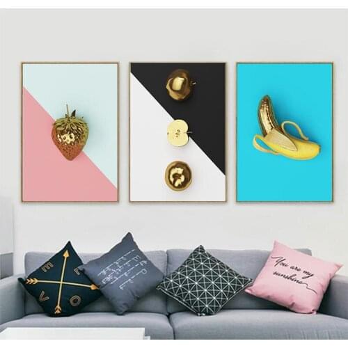 Yellow Banana and Strawberry Nordic Poster Gold Fruit Posters Wall Art Canvas Painting Picture Wall Pictures For Living Room Déc