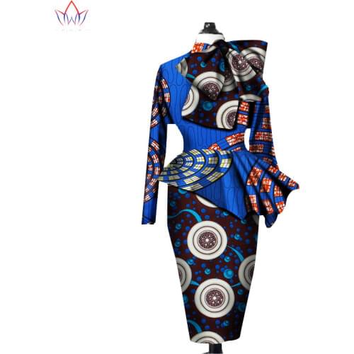 African Clothes Women Ankara Tops Two Piece Set Long Sleeve Crops Tops and Skirt Sets Women Bazin Riche African Clothing WY1394