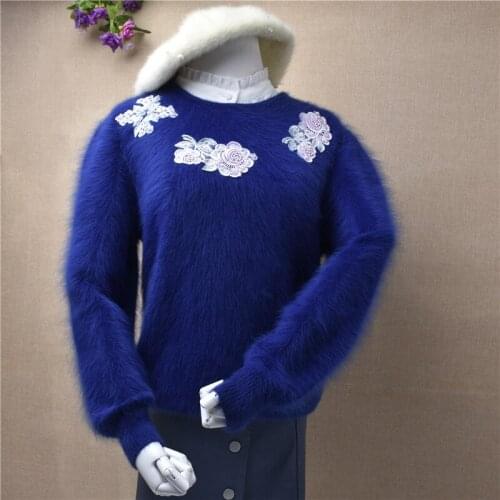 Women clothing ladies o-neck long sleeves sweater blouses cashmere rabbit hair emboridary flower knitwear solid pullover