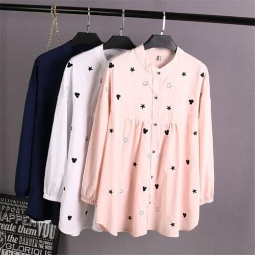 Fashion Large size Womens Shirt Top 2019 Spring Summer Standing collar Long sleeve Embroidery Blouses Female Casual Shirts G63