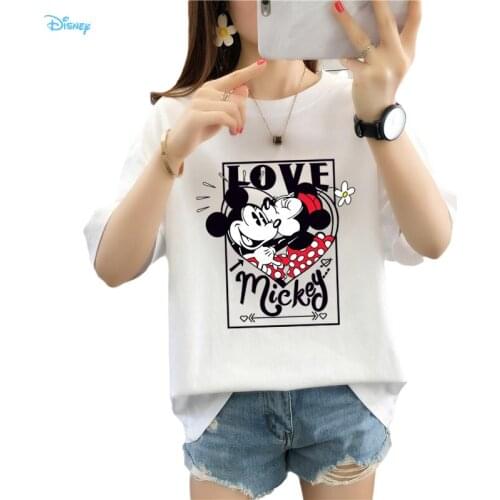 Womens Funny Couple T Shirt Summer Top 2021 Mickey Minnie Mouse Anime Korean Oversized Camiseta Mujer Cotton Tee Shirt Femme