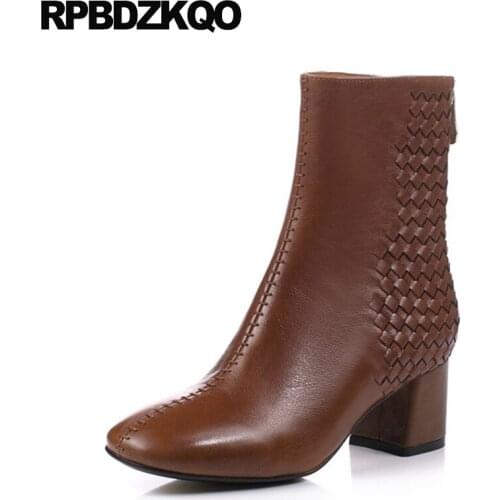 Square Toe Boots Brown Ankle Luxury Brand Shoes Women 10 2021 Genuine Leather Ladies Black Short Chunky Thick High Heel Big Size