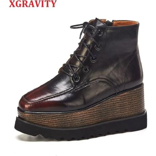 XGRAVITY New Spring Autumn Fashion High Heel Wedge Boots ELegant Genuine Leather Square Toe Women Shoes Comfortable Lady Shoes
