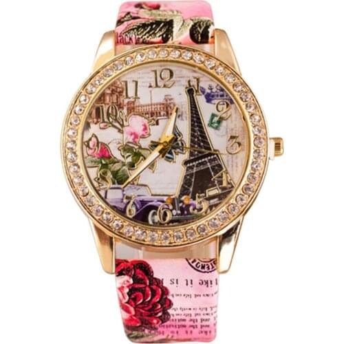 Women Rhinestone Inlaid Flower Round Dial Faux Leather Band Quartz Wrist Watch