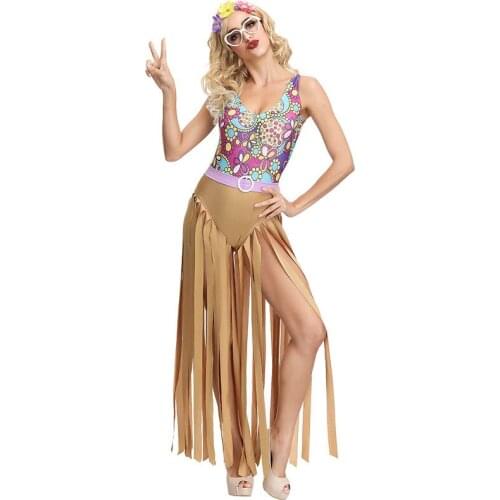 Adult Women Vintage 60s 70s Hippie Disco Tassel Costume Hippy Print Floral Khaki Fringe Funny Bodysuits Dance Outfit For Ladies