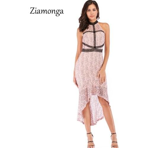Ziamonga High Neck Off Shoulder Sexy Dress Women High Waist Irregular Lace Dress Summer 2019 Casual Beach Dress Vestidos Female