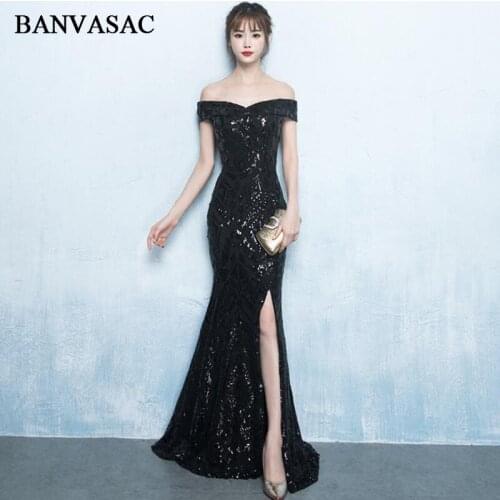 BANVASAC 2018 Boat Neck Elegant Split Sequined Mermaid Long Evening Dresses Party Short Sleeve Backless Prom Gowns