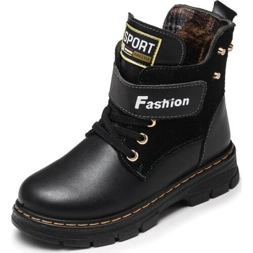 Children Boots Autumn Winter Genuine Leather Children Martin Boots School Boys Shoes Fashion Boys Snow BootsPlush WarmWaterproof