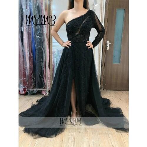 Exclusive Black Evening Dress Long Sleeve 2021 MYMB Brand One Shoulder Lace Speical Occasion Dress For Women MY41109