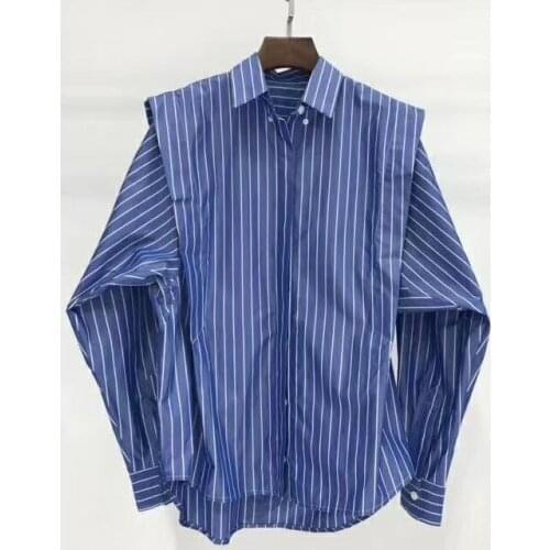 Cotton Blue White Striped Shirt Turn down Collar Shoulder Padded Long Sleeves loose Fashion Shirts Blouse Tops 2020