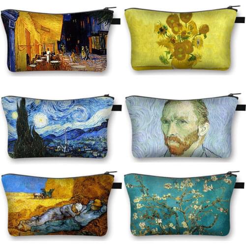Oil Painting By Van Gogh Cosmetic Case Sunflower / Starry Night Women Makeup Pouch Bag Girl Beauty Toiletries Bags Small Handbag