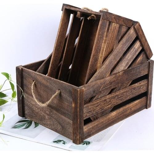 Creative Household Wooden Rectangular Storage Basket with Rope Handle Vintage Rustic Hollow Out Organizer Bin Box Crates