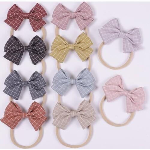 Cute Plaid Nylon Baby Headbands For Girls Cotton Linen Bow Handmade Elastic Knot Baby Hairband Headband Newborn Hair Accessories