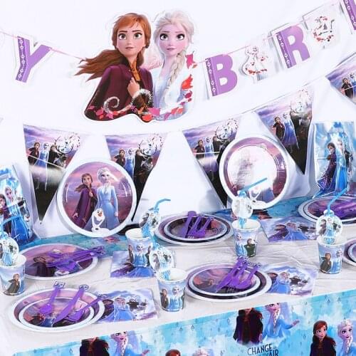 Disney Frozen 2 Cartoon Theme Party Disposable Tableware Set Paper Cup Plates Kids Birthday Party Decorations Supply Baby Shower