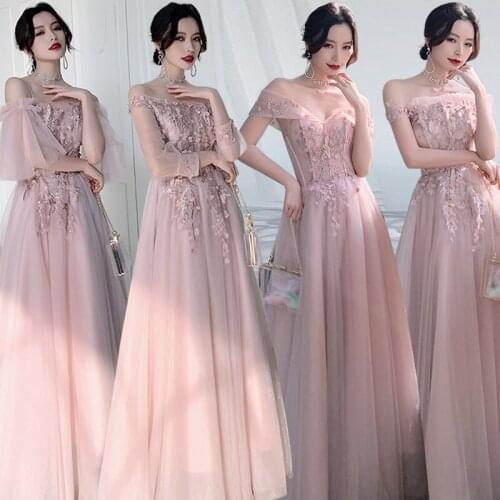 Bridesmaids Dresses Illusion Off The Shoulder A-Line Boat-Neck Embroidery Lace Tulle Floor-Length Women Wedding Party Gown E374