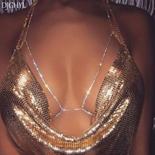 Sexy Crystal bo dy chains women Rhinestones bra Harness Sparkle Summer Beach Bralette Biki ni Chain Crystal Body Jewelry