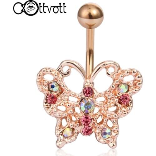 Rose Gold Color Butterfly Dangle Navel Piercing Belly Button Rings Steel Belly Bar Barbell Piercing Nombril Body Jewelry DQ55