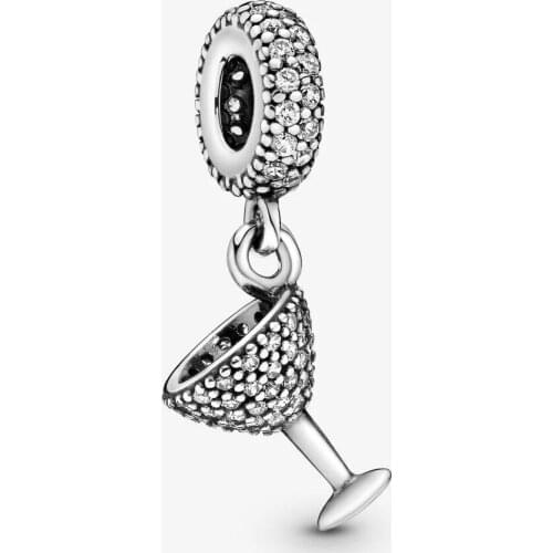 100% 925 Sterling Silver Pavé Cocktail Glass Charm Fits Pandora Bracelet Clear CZ Beads for Jewelry Making DIY Gift Bijoux
