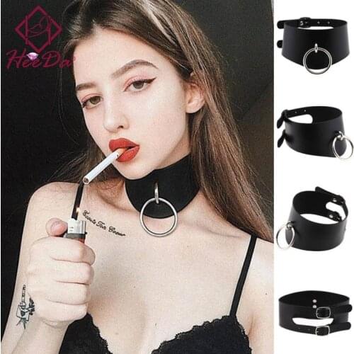 Personality Punk Leather Chokers Necklace for Women Goth Rock Round Black Torques Nightclub Party Neck Accessories Lady Jewelry