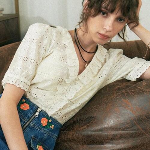 Hollow Out Shirts Femme Buttons Up V Neck Ruffles Puff Sleeve Blouse 2021 White Mujer chemisier Woman Tops Elegant Shirts