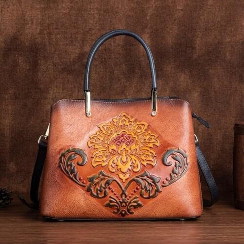 Retro Women Bag 2021 Winter Shopping Genuine Leather Floral Luxury Handbag First Layer Cowhide Handmade Embossed Shoulder Bags
