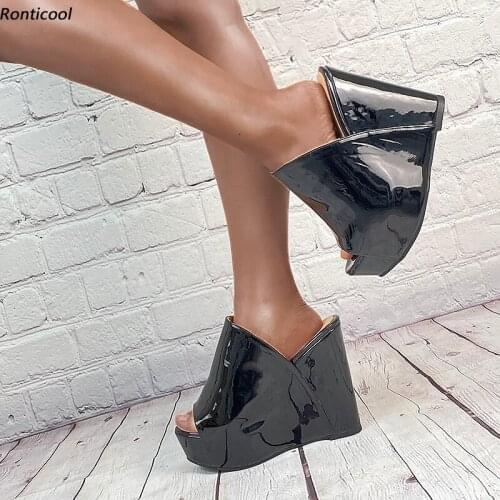 Ronticool Handmade Women Glossy Sandals Mules Comfortable Wedges High Heel Open Toe Black Party Shoes Women US Plus Size 5-20