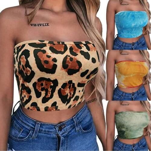 Women Summer Tank Tops Strapless Sexy Low Cut Crop Tops Leopard/Tie Dye Off Shoulder Elastic Boob Tube Tops Female Slim Vest
