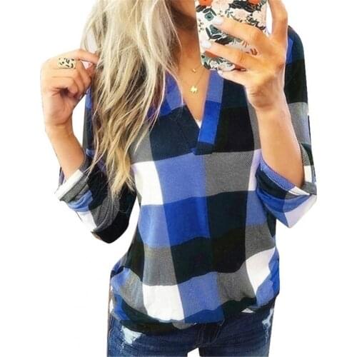 Women Casual T-Shirts Loose Breathable V Neck Plaid Print T-shirt Tops Womens Clothing 2021 camisetas de mujer футболка женский