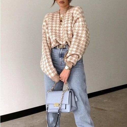 Spring/fall Sweaters for Women New Style Houndstooth Knitted Long Sleeve Casual Retro Tops Pullover O-neck Plaid Brown Sweater