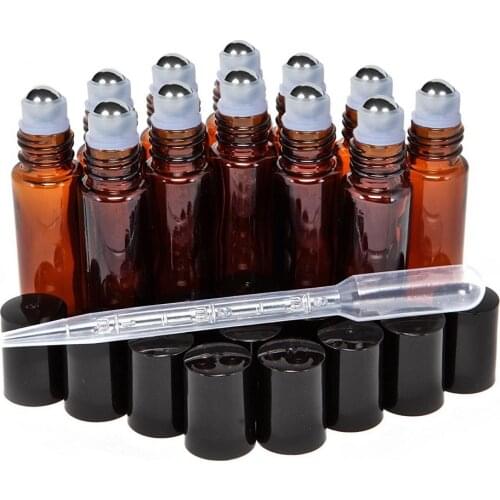 12pcs 10ml Amber Empty Refillable Glass Perfume Roll On Bottle with stainless steel roller ball for essential oil aromatherapy