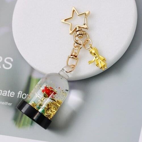 For Women Bag Pendant Moving Liquid Quicksand Keyring Men Car Charm Key Chains Gift Fashion Little Princes Rose Flower Keychain