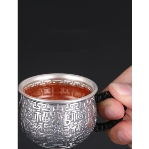Pure Silver 999 Tea Cup Kung Fu Master Mini Bless Insulated Teacup Single Anti-scald Full Silver Side Handle Health Care Gifts