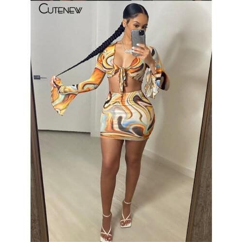 Cutenew Spring Summer Sexy Print Low Chest V-Neck Bandage Two Piece Skirt Set Women 2021 New Club Street Beach Skirt Suit Female