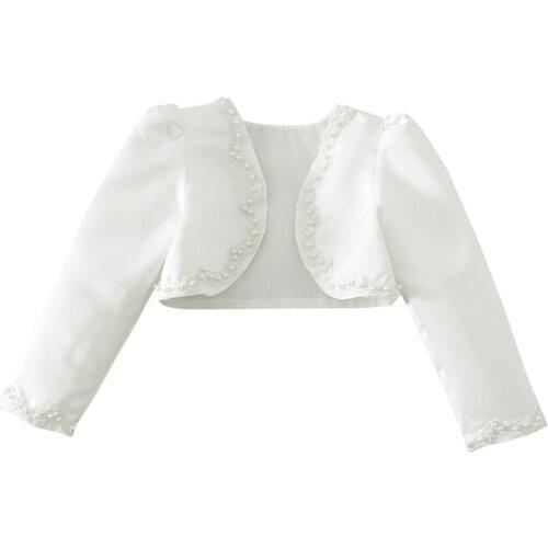Girls Short Cardigan Kids Long Sleeves Lace Beaded Bolero Jacket Shrug Pageant Wedding Party Flower Girl Dresses Cover Up 2-10Y