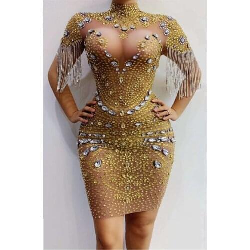 Women Singer Dance Costume Sparkly Silver Gold Rhinestones Bodysuit Fringe Transparent Dress Bar Birthday Celebrate Dress Outfit