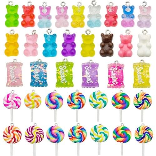 Julie Wang 32PCS Resin Charms Mixed Bear Candy Polymer Clay Lollipop Pendants Bracelet Jewelry Making Accessory Decor