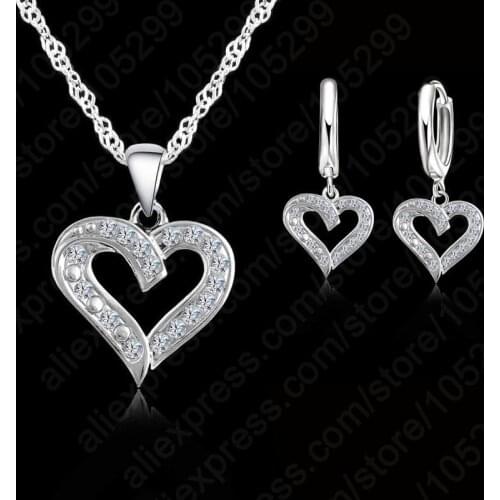 Elegant Cubic Zircon Heart Pendants Necklaces& Earrings Jewelry Sets 925 Sterling Silver Wedding Jewelry