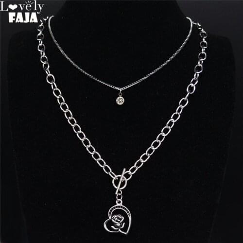 Beauty the Beast Punk Skull Layered Necklace Women Silver Color Rosary Stainless Steel Statement Necklace Jewelry colar N2037S03