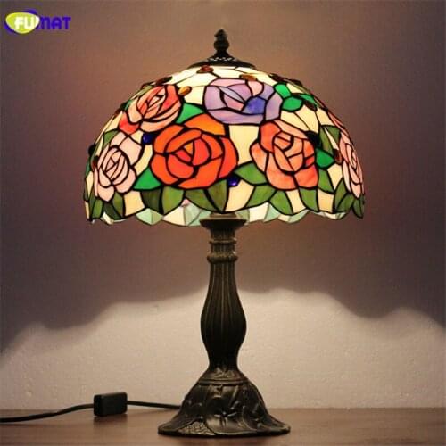 FUMAT Tiffany Table Lamp Rose Stained Glass Shade LED E26 E27 Bulbs Bedroom Bedside Table Lamps Home Deco 12 Inch Rose Flower Li