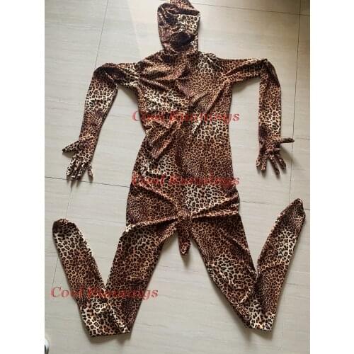 Leopard stripes Adult Spandex Halloween Party Zentai Costume with Mens Penis Sheath size S-XXL