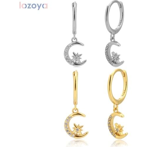 Lozoya 925 Sterling Silver Gold Star Moon Luxury Women Fashion Crystal Jewelry Fashion Piercing Drop Earring Jewelry For Girls
