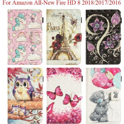 Cute 3D Cartoon Unicorn Bear Case For Amazon All-New Fire HD 8 2018 2017 2016 Magnetic Smart Cover Protective Shell FireHD8 2018