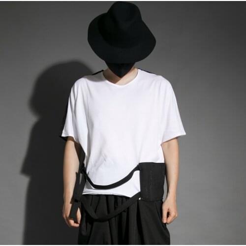 Dark Fashion Brand Summer Personality Loose Contrast Color Asymmetric Patchwork Ribbon Short Sleeve T-shirt Mens Trend