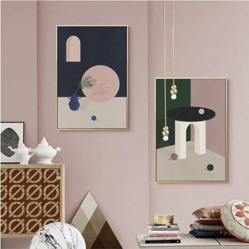 Cartoon style adorable pink building modern Nordic decorative Picture Canvas Wall Art Poster Painting for girls room decoration