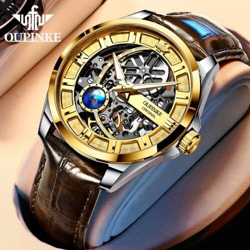 OUPINKE Top Brand 2021 Luxury Earth Automatic Watch for Men Gold Mens Mechanical Wristwatches Sapphire Glass Leather Waterproof
