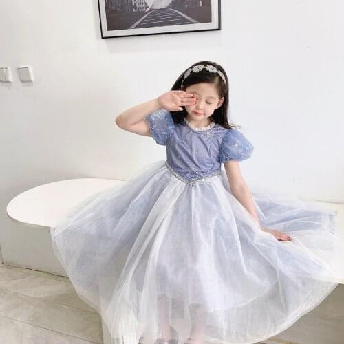 Princess Girls Dress Snowflakes Ice Blue Tulle Dress with Bows Lovely Children Lolita Party Gown Cltohing