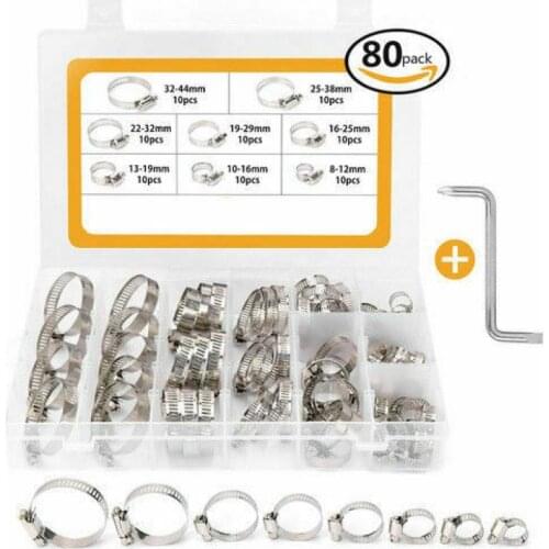80Pcs Adjustable 8 to 44mm Diameter Clips Worm Gear Hose Clamp Assortment Kit for Various Pipes Automotive Mechanical Use