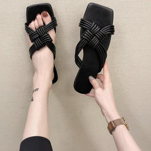 Braid Leather Slippers Women Summer New Flat Heel Sandals Open Toe Casual Holiday Weekends Outside Slides Dargs